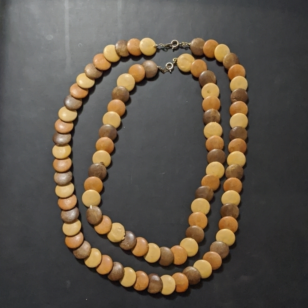 Set of 2 Tri Color Brown Tan Overlapping Wooden Disc Statement Necklaces
